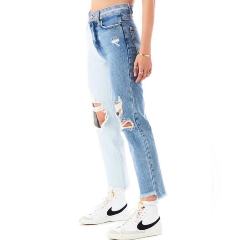 Carmar High Rise Ripped Two Tone Spliced Straight Cropped Jean Frayed Hem 28